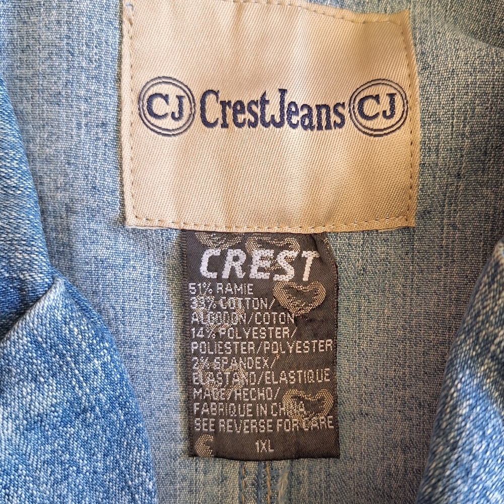 Crest Jeans Boho Denim Jacket Crochet Waist Lace-Up Flower Detail 1XL - Picture 5 of 7